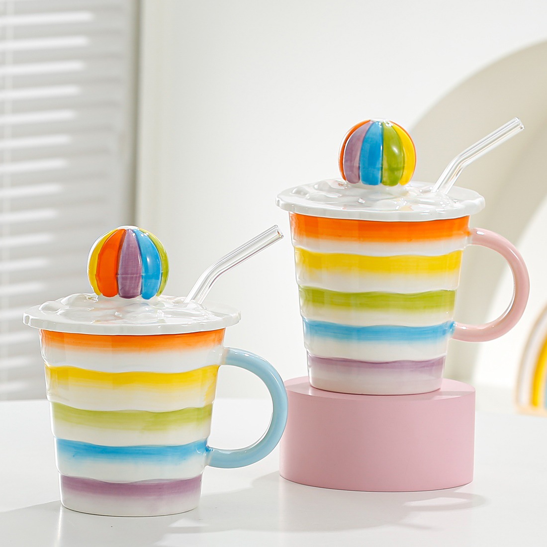 Creativo Rainbow Ball personalizada Taza de cerámica taza de agua de la muchacha de café taza regalo de alto aspecto