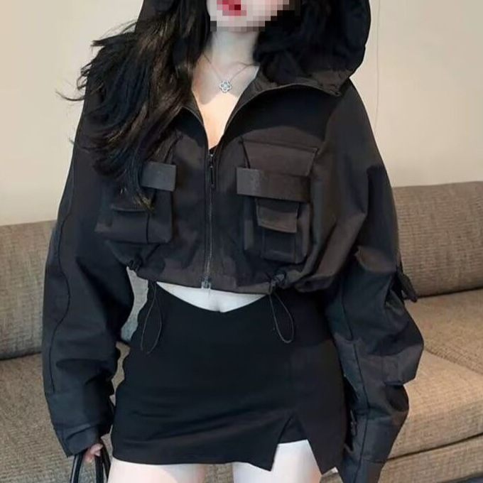 Summer New Korean Style Stylish Workwear Pocket Jacket Versatile Short Hooded Jacket for Women Trendy