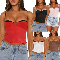 2024 Amazon new European and American clothing summer ins contrasting suspenders pleated hot girl vest top t-shirt for women