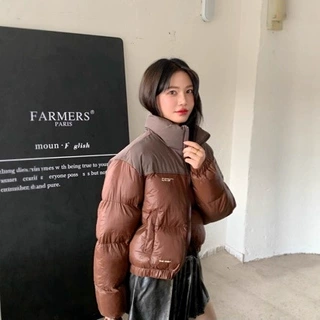 拼接加厚短款羽绒服女冬季美式复古正肩拼色立领面包服女潮面包服
