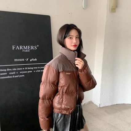 패치워크 두꺼운 숏패딩 여성용 겨울 아메리칸 레트로 스타일 어깨라인 배색 스탠드 칼라 패딩 재킷 여성 트렌디 패딩