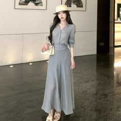 甜辣妹长袖防晒衬衫女夏季纯欲纯色方口领褶皱收腰显瘦亚麻长裙