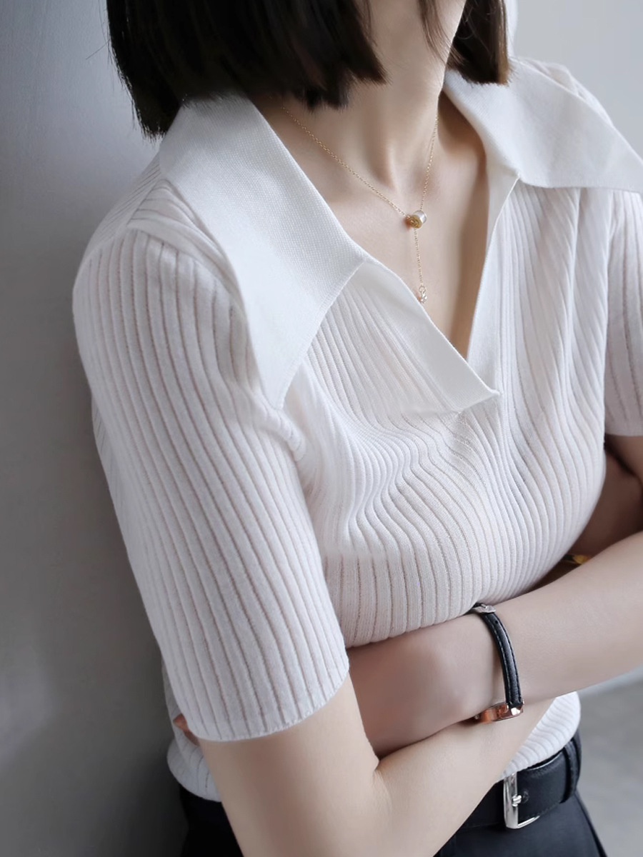 Áo thun nữ cổ polo tay ngắn dệt kim mùa hè chất liệu Tiansi Leisel tôn dáng — Màu đen, Hạt kim trắng, Thẻ Vàng