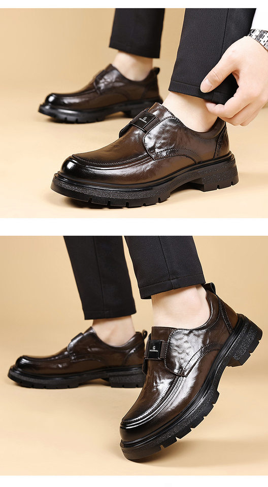 Giày da nam lười xỏ chân đế dày cổ thấp mũi tròn gót 3–5 cm — Màu nâu thời trang, kinh doanh đen chi tiết 15