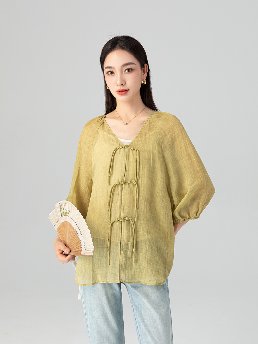 Áo sơ mi chống nắng dáng rộng phong cách Trung Quốc mới vải gai Tencel nữ mùa hè — Màu trà ngọt ngào