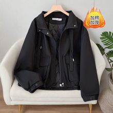 加棉薄款短款棉服连帽外套2025新款冬季宽松工装棉衣夹克安可拉红