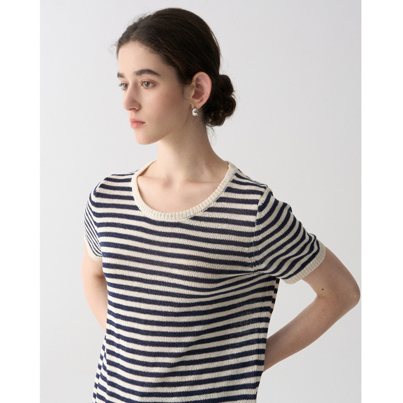 Hanyuan Apparel/ Imported Japanese Paper Yarn Round-Neck Striped Knit Short-Sleeve Shirt Nautical Series T-Shirt Top for Women Summer Hanyuan Apparel/ Imported Japanese Paper Yarn Round-Neck Striped Knit Short-Sleeve Shirt Nautical Series T-Shirt Top for Women Summer