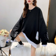 春と秋の大きいサイズ 1.0-150kg 薄い偽ツーピーススウェットシャツ女性のための韓国スタイルミッドレングススプライシングルーズウエスタンスタイルトップスイン