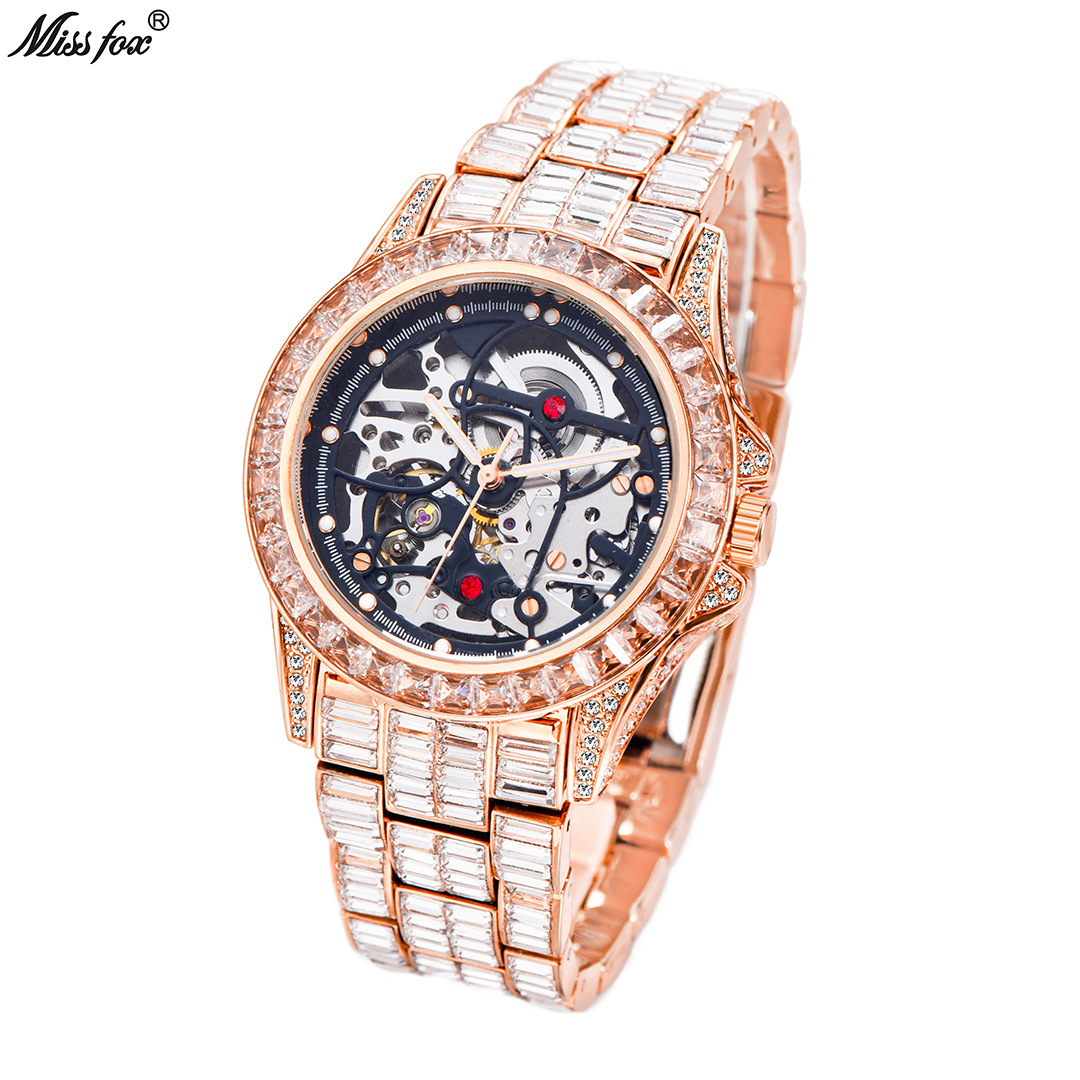 MISSFOX reloj europeo y americano popular hip hop calle inconformista completo diamante automático hueco mecánico reloj de hombre