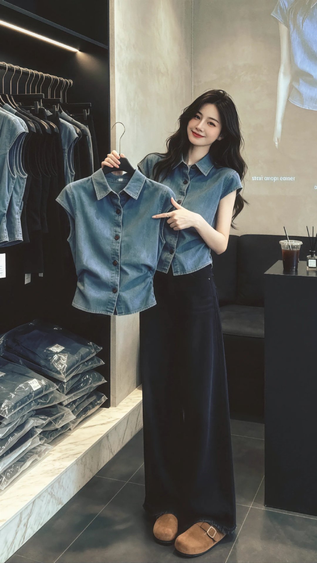Áo sơ mi nữ cổ lật xanh denim tay bèo nhỏ eo thon — màu xanh nhạt chi tiết 1