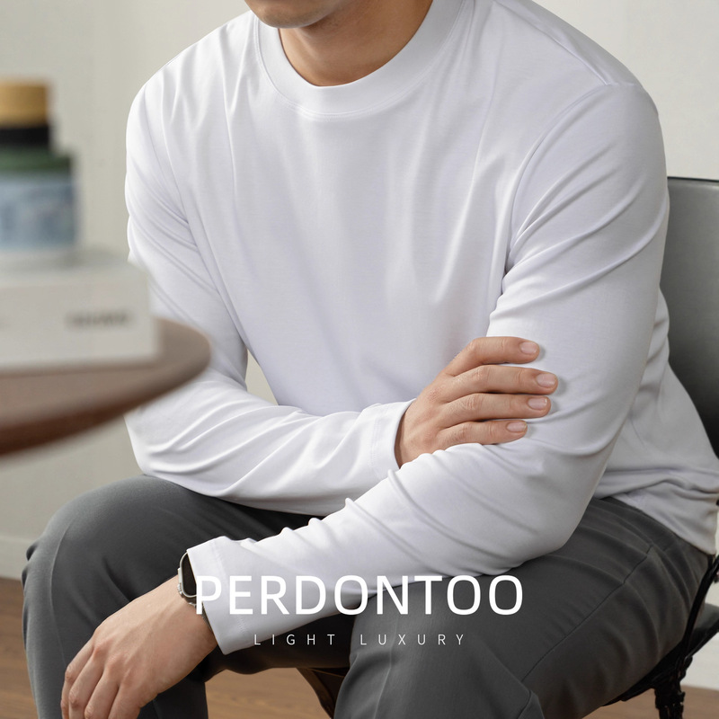 [Luxury Feeling] 80S High Count Lyocell Liquid Ammonia Double-Sided Mercerized T-Shirt Long Sleeve Men's Solid Color Base Shirt High-End