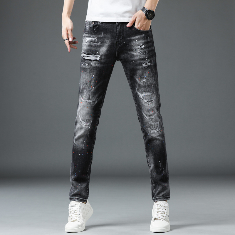 2024年新款牛仔裤男四季潮牌个性漆点破洞补丁乞丐弹力休闲长裤子