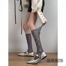 蝴蝶结咖啡小腿袜女夏薄款网眼中筒袜甜美女袜镂空丝袜堆堆袜夏天