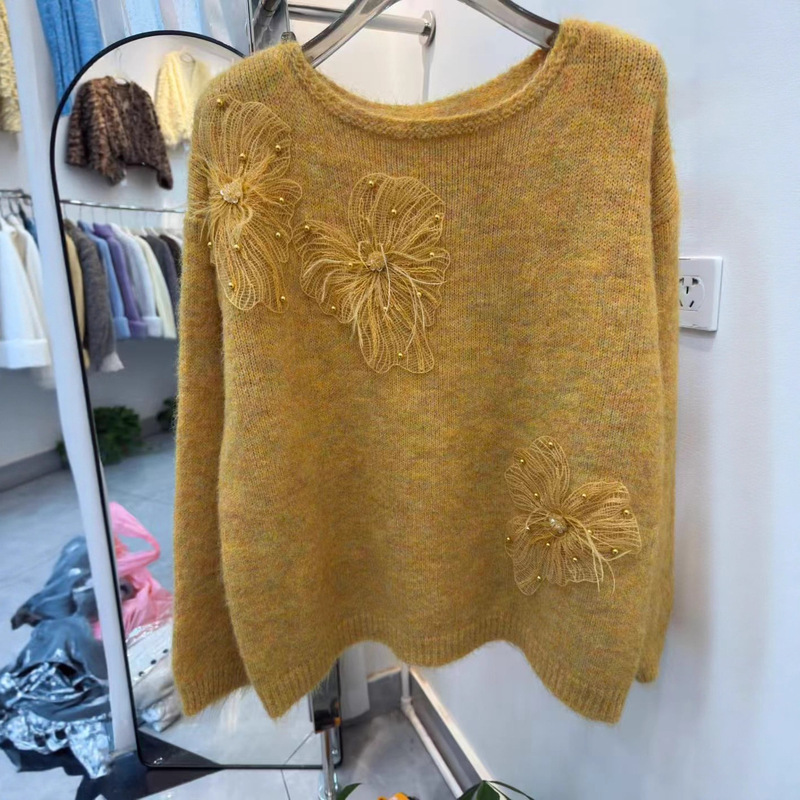 Heavy Beaded Floral Feather Sweater for Women, Stylish Soft Wool Blend Mohair Top, Loose Slimming Knitwear