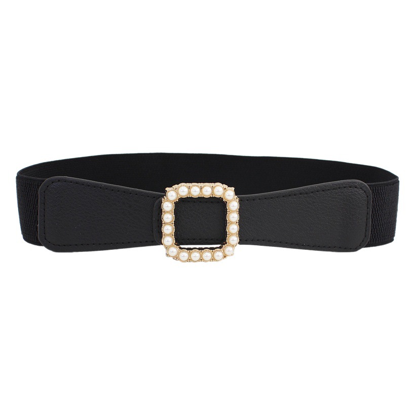 Cinturón elástico de hebilla lisa con incrustaciones de perlas cuadradas para mujer con camisa de vestir sello de cintura delgada elástico decorativo de todo fósforo