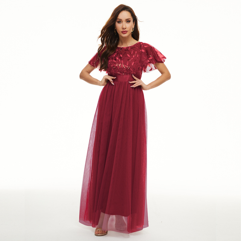 Vestido de lentejuelas manga corta cuello redondo pettiskirt vestido de noche cintura alta elegante dama de honor brindis vestido banquete ropa 115