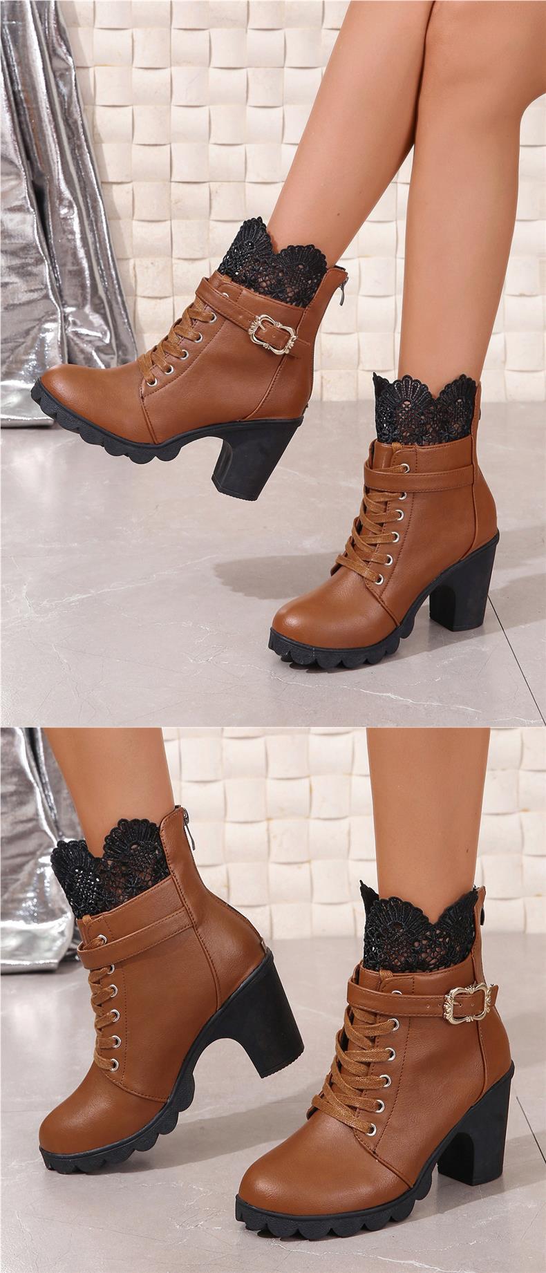 Short with belt buckles, high heels, round toe, lace straps, back zipper, thick soled women's boots_voghion.com