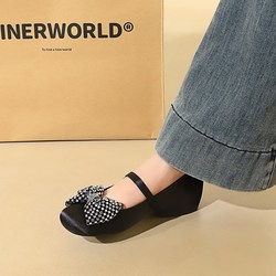 836-H122 French Fashion Silk One line Buckle with Increased Height, Middle Heel, Water Diamond Bow, Square Head Single Shoes for Women