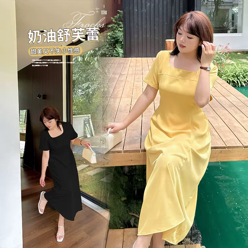 胖mm法式气质方领收腰连衣裙女2025夏季新款简单大方中长裙262586