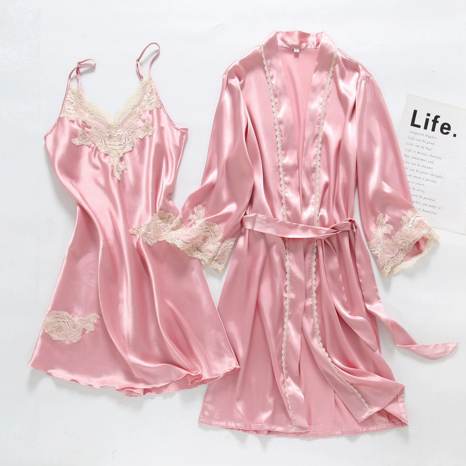 Sexy Pajamas for Women Spring and Summer Ice Silk Cardigan Suspender Breast Pad New Spring and Autumn Pure Lust Style Sexy Nightgown Two-Piece Set