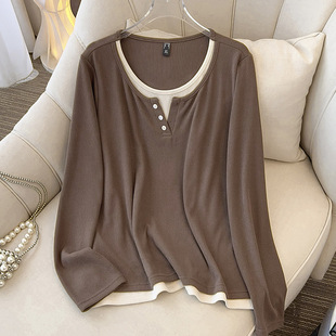 240kg chubby girl plus size coat fake two-piece half-open collar contrast color age-reducing coffee pink elegant T-shirt 3476