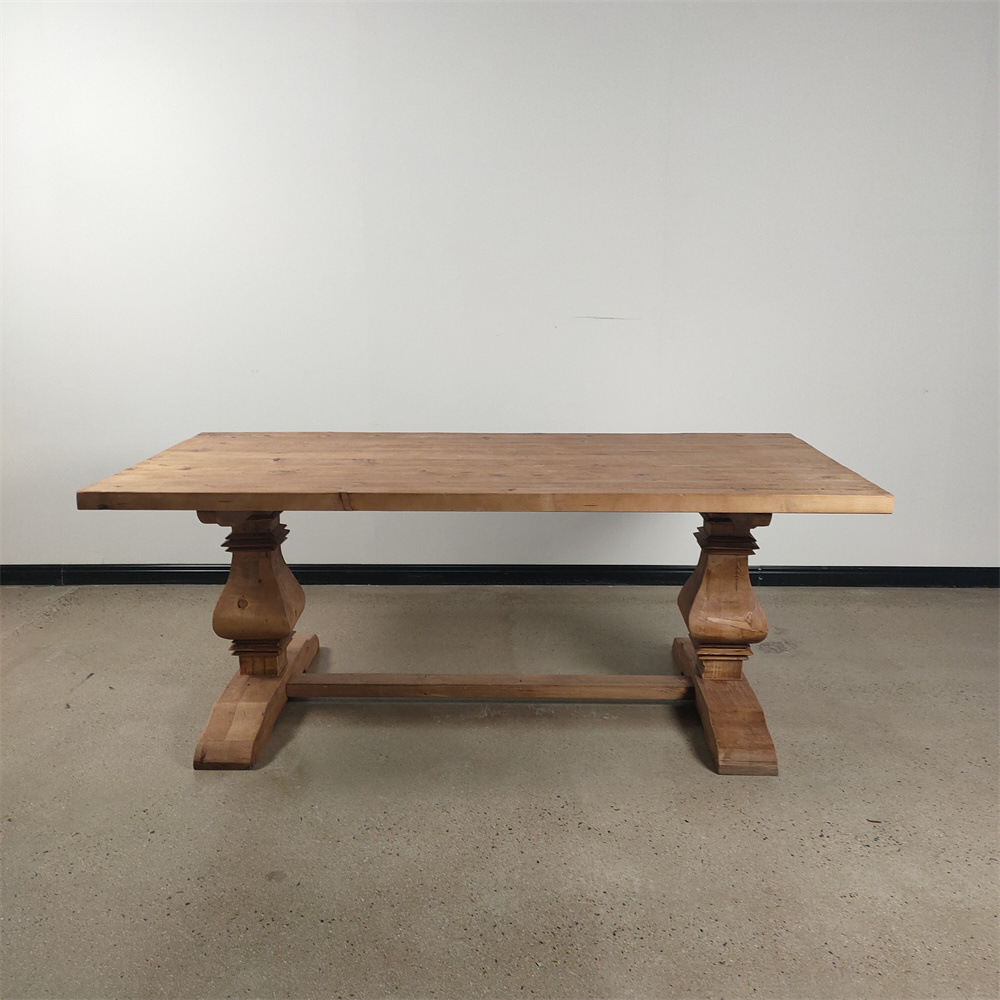 欧式古典原木实木餐桌 老榆木旧木大长桌原木色大肚腿跨境家具