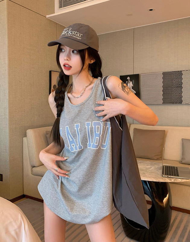 Sleeveless Printed T-shirt Girl's Vest Crewneck Sexy Sling Mid-length Summer Beach Dress Student Top