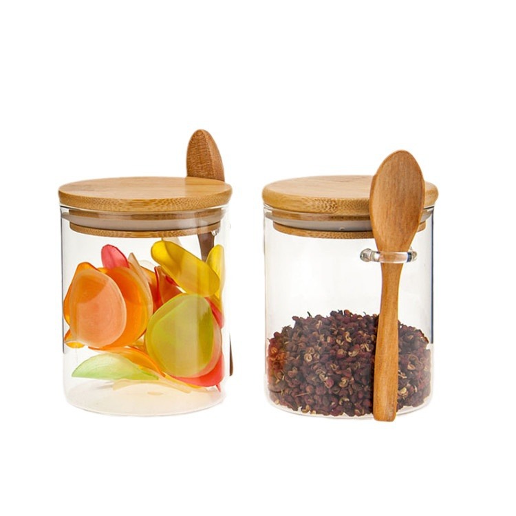 Tarro de vidrio redondo con cuchara, tarro hermético para el hogar para almacenar frijoles y frutas secas, recipiente de vidrio.