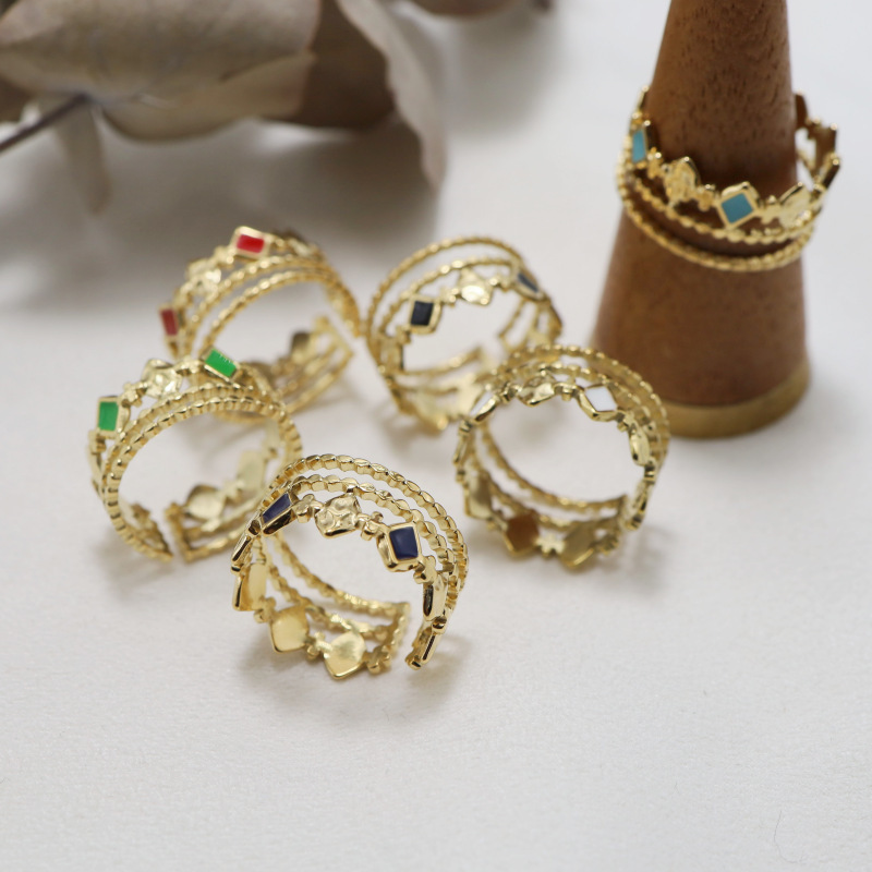 Open Ring Classification Adjustable Ring Size 1 Piece Quantity Daily Occasion 304 Stainless Steel Material Wholesale Jewelry IG Style Devil'S Eye Rhombus 304 Stainless Steel Zircon 18K Gold Plated Enamel Inlay Open Ring