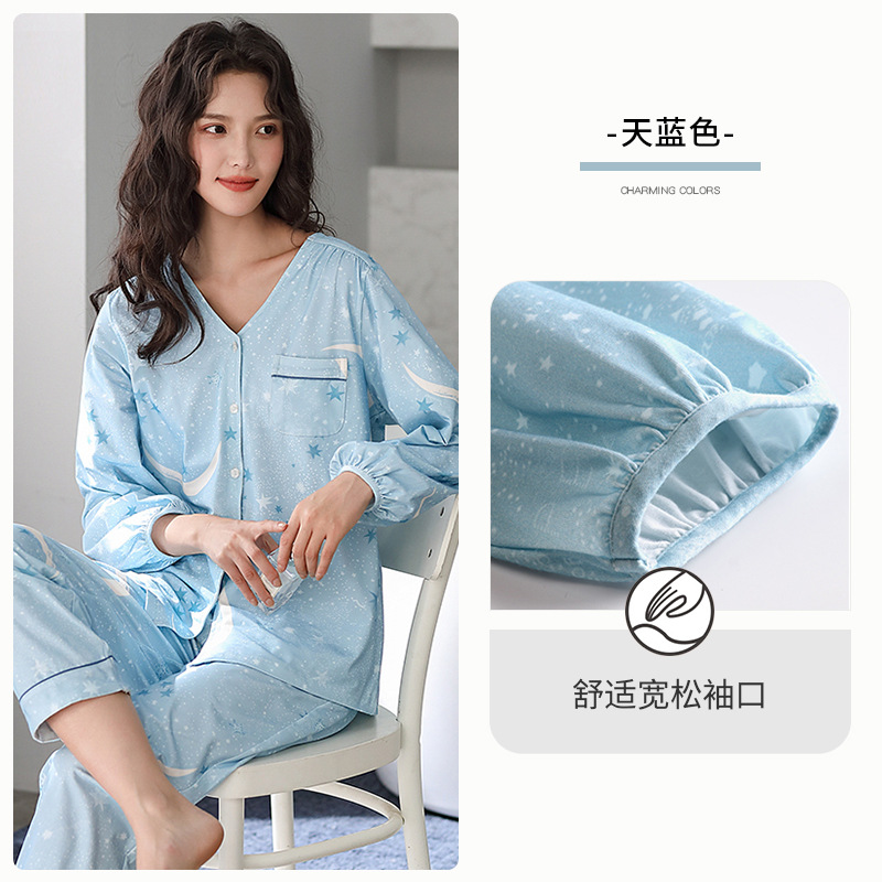 Pijamas de mujer de primavera y otoño 100% algodón de manga larga para el hogar traje fino de otoño e invierno