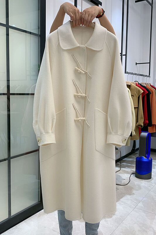 Mid-Length Double-Sided Wool Coat with Horn Buttons for Petite Women, Simple Puff Sleeve Doll Collar Woolen Coat Trendy