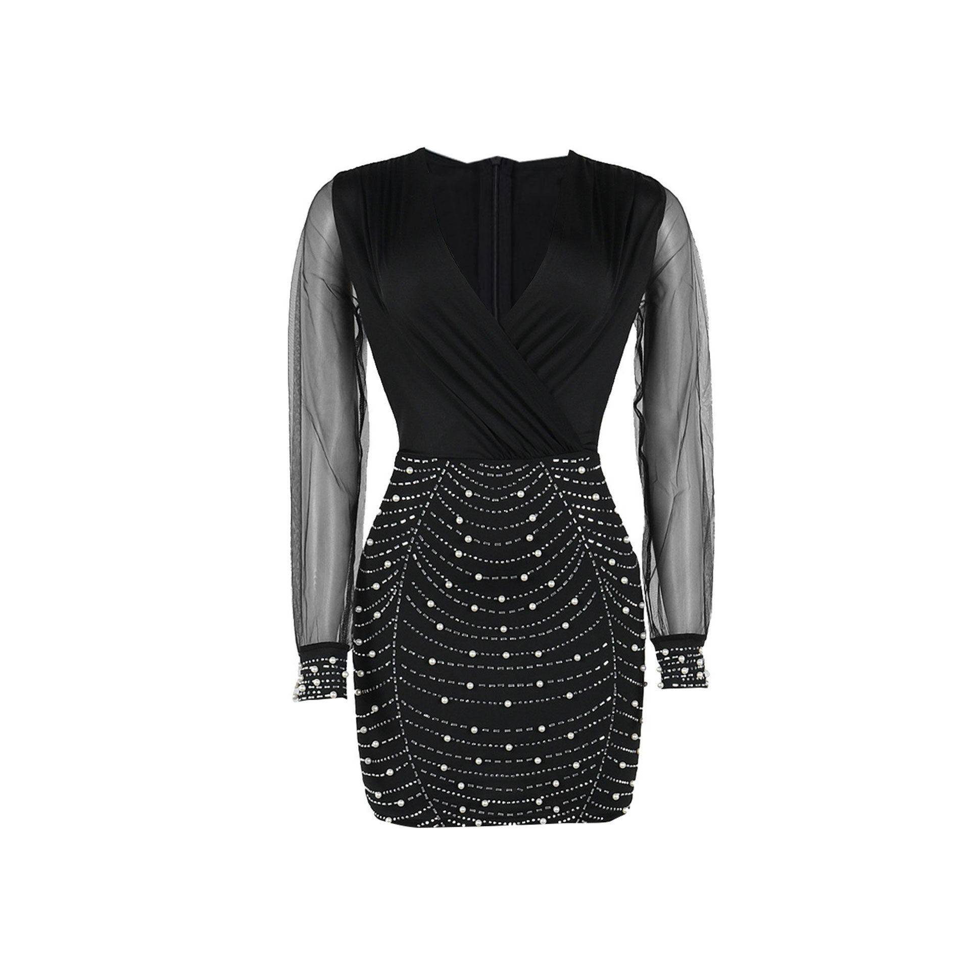 Sexy Drilling V neck Stitching See through Sleeve Hip Stretch Dress