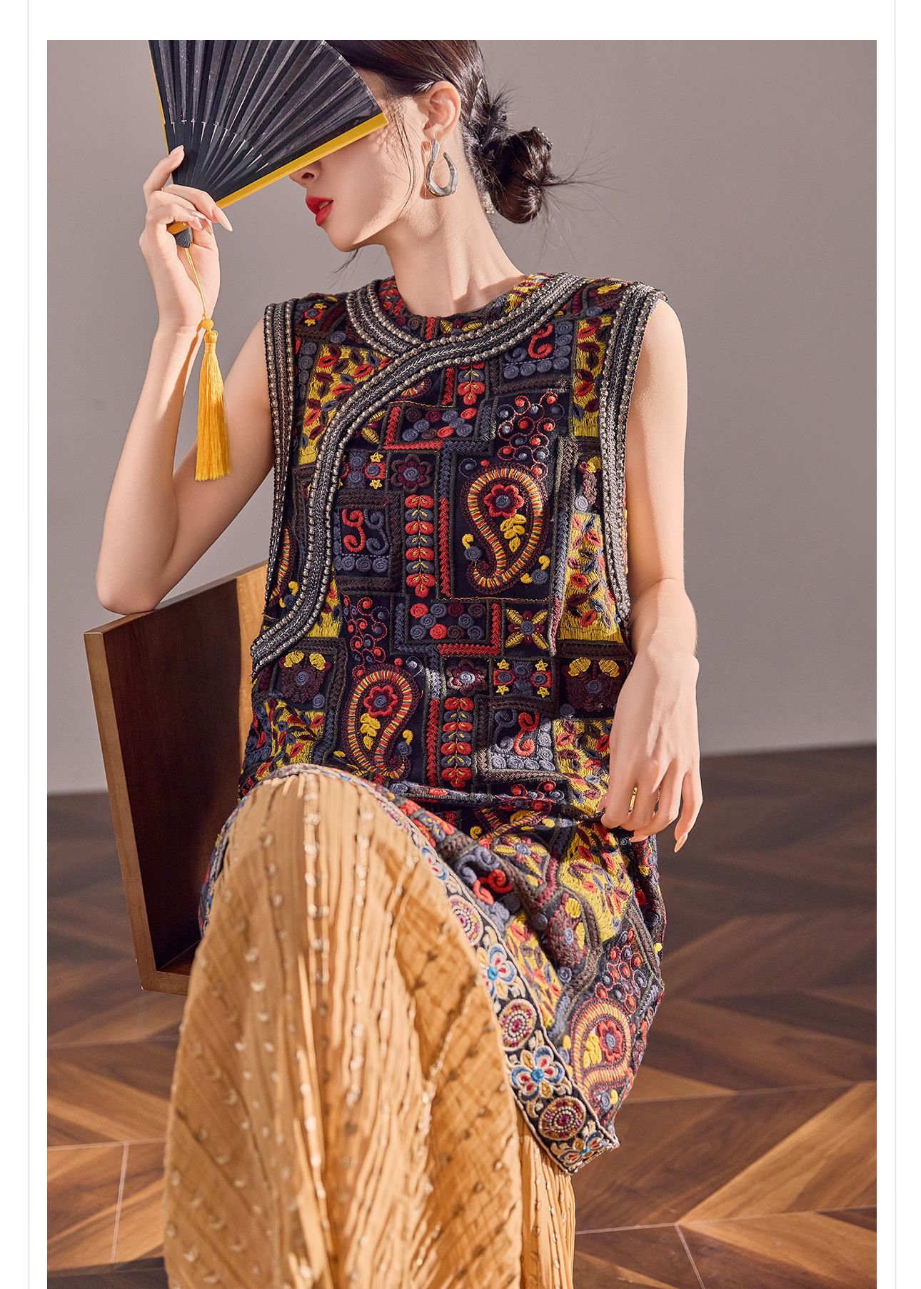 Đầm maxi nữ thêu tay phong cách Trung Hoa mới, tay ngắn, cổ tròn, chân váy dài có thể tháo rời — Màu xanh mơ chi tiết 13