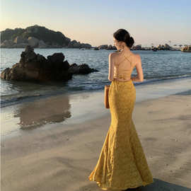 法式性感海边度假拍照显身材绑带蕾丝浮提花超长鱼尾裙连衣裙