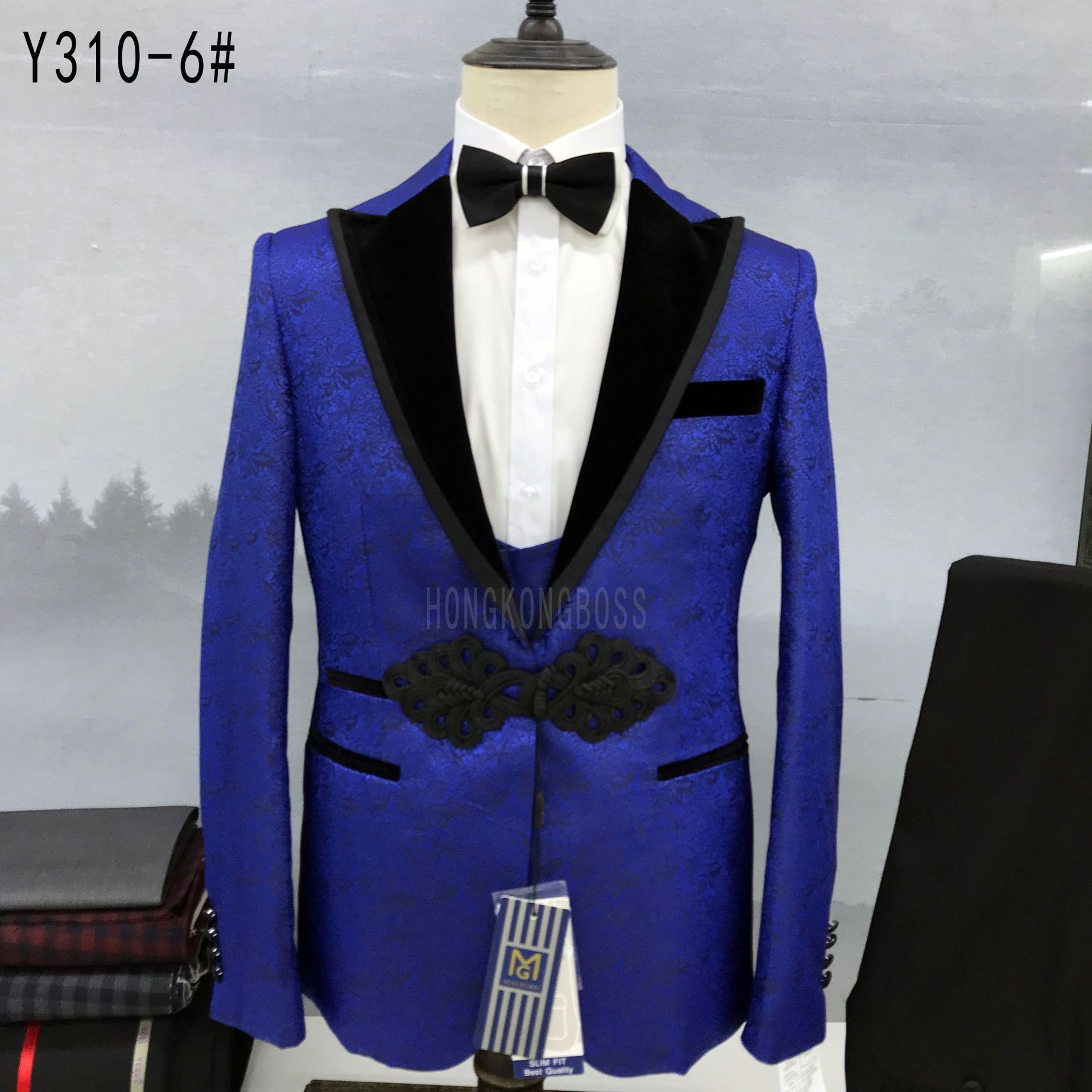 Men's Slim Fit Korean Style Wedding Suit Groom's Business Casual Formal British Style with Chinese Knot Design_viptrois.com
