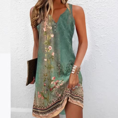 2025 European and American Foreign Trade Amazon Wish Women's Floral Print Single-Breasted A-Line Dress Sleeveless V-Neck Dress