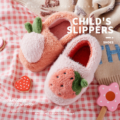 New children's cotton slippers winter boys and girls Strawberry Princess home indoor warm plush big children's bag heel cotton shoes