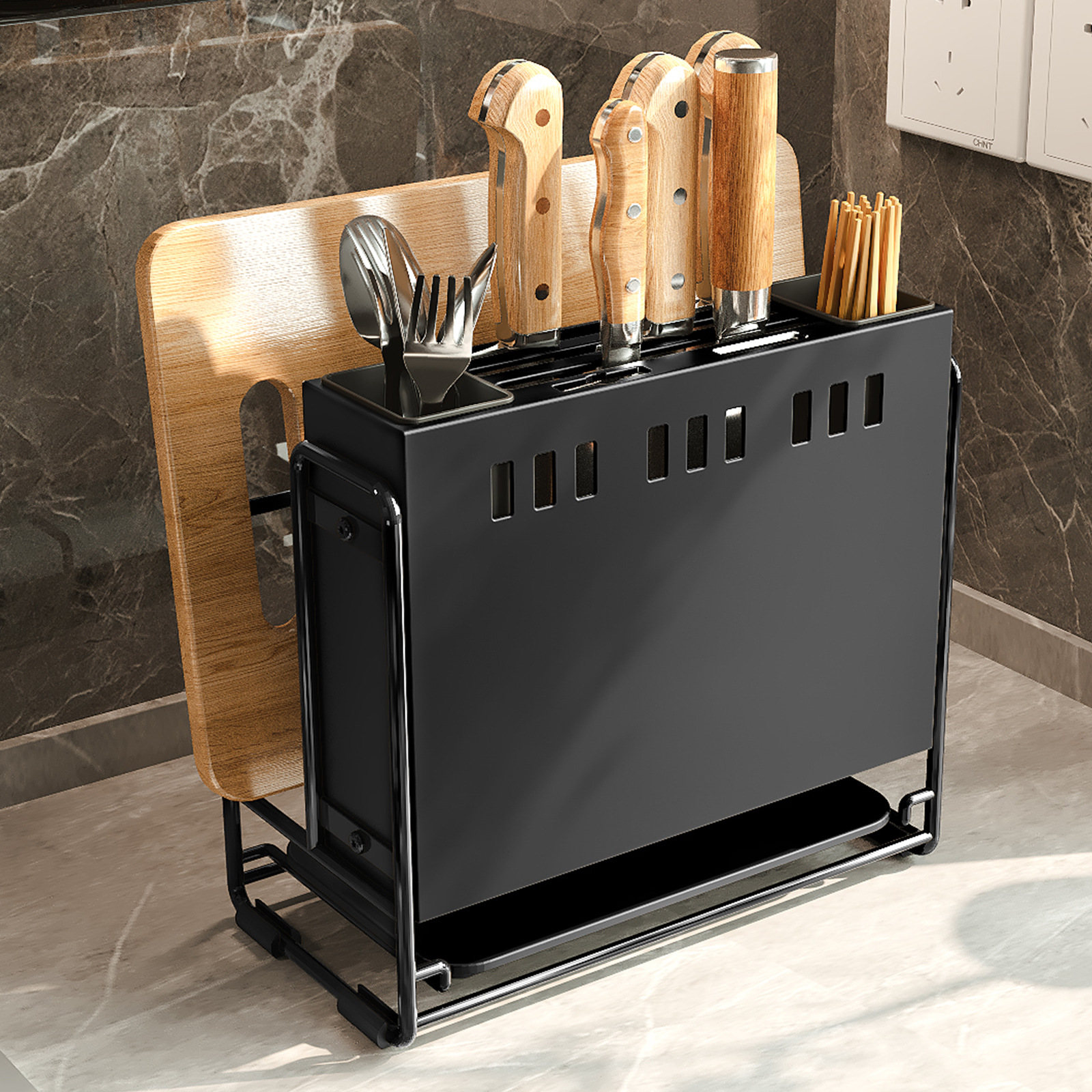 Kitchen Knife Rack No Hole Wall Mounted Household Drip Drain Knife Chopsticks Holder Integrated Storage Rack Tool Organizer 