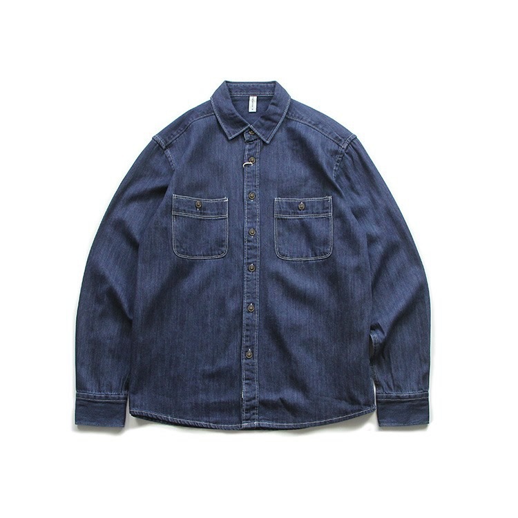 Retro Solid Color Multi Pocket Denim Long Sleeved Shirt For Men, Loose And Versatile Casual Workwear Shirt_voghion.com
