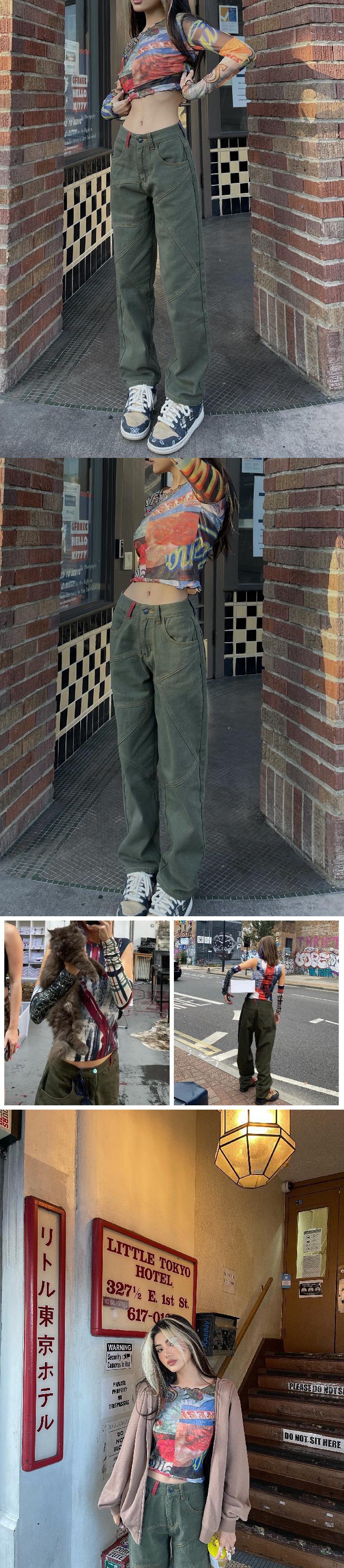 Olive Green Straight Denim Jeans