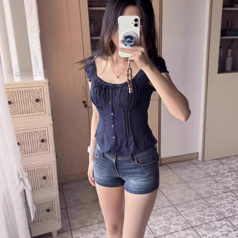 Bm Style French Small Flying Sleeves Slim Waist Off-Shoulder Puff Sleeves Square Collar Pleated Cardigan Short-Sleeved T-Shirt Shirt Top