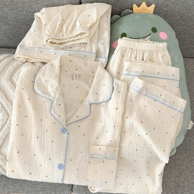 Pajamas Women's Summer Clouds Cotton Yarn Thin Short-sleeved Three-piece Set Instagram Internet Popular Dot Casual Home Clothes Spring and Autumn