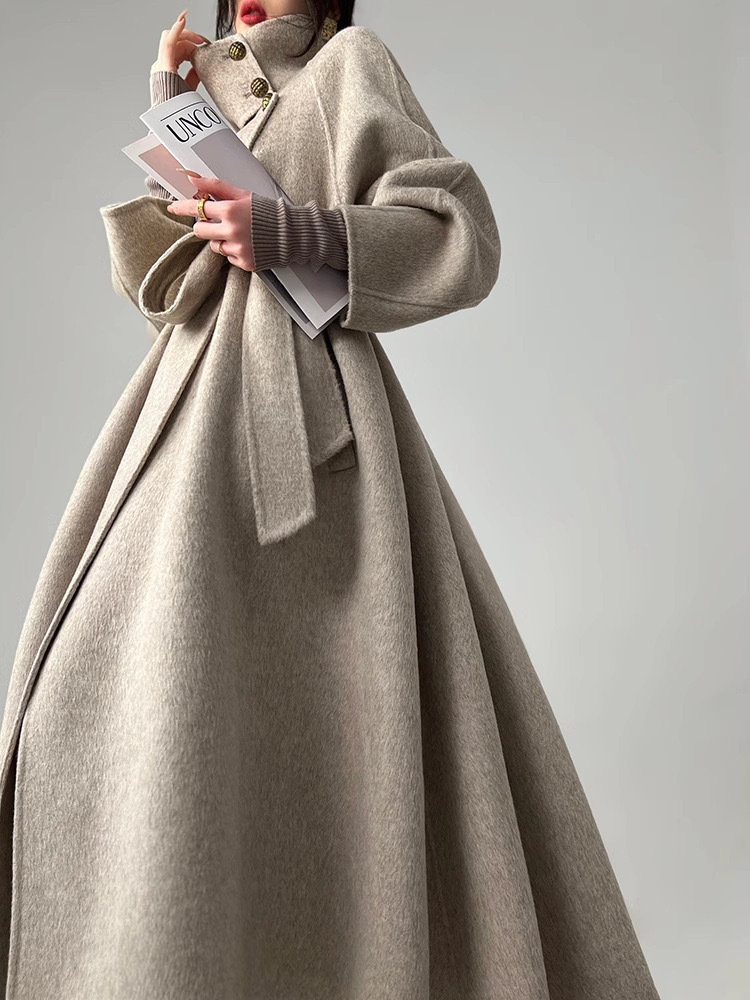 Lanyu Bay 2025 Long-Sleeved New Stand-Up Collar Double-Sided Wool Outwear Women's Long Lace-Up Cashmere Outwear