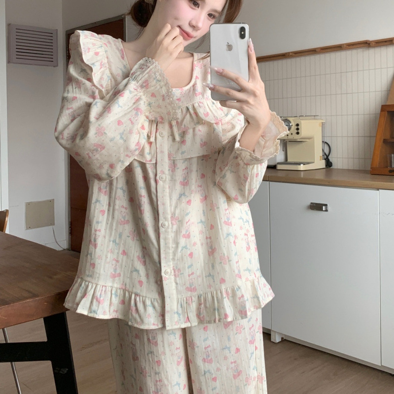 韩国ins女士春秋柔软清新纯欲蕾丝花边拼接长袖睡衣家居服套装女|undefined