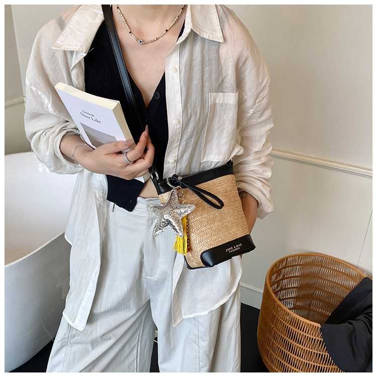 Fashionable straw woven bag for women 2025 summer new trendy woven single-shoulder crossbody women's bag, versatile bucket bag with patchwork undefined