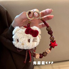 可爱kt链条红色KT毛绒猫咪手机少女串珠手机链秋冬挂件挂绳