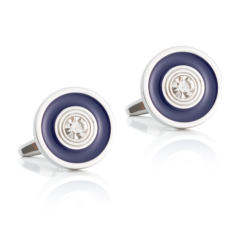 New Arrival Round Electroplated Silver-Color Blue Enamel Diamond-Inlaid Metal Cufflinks — Wholesale French-Style Cufflinks for Foreign Trade