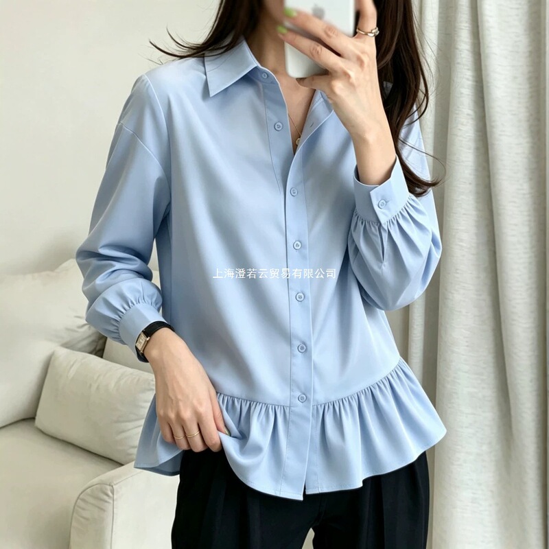 Korean-style loose-fitting shirt with a wide collar and tie detail, suitable for layering or wearing on its own, perfect for autumn and winter, exuding a chic and elegant Korean vibe Korean-style loose-fitting shirt with a wide collar and tie detail, suitable for layering or wearing on its own, perfect for autumn and winter, exuding a chic and elegant Korean vibe