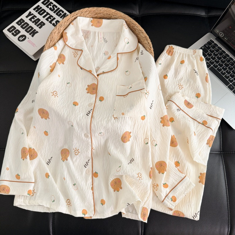 Al por mayor transfronterizo 2026 nuevo pijama de mujer nubes de algodón pantalones de manga larga cardigan con solapa de dibujos animados ropa para el hogar se puede usar fuera