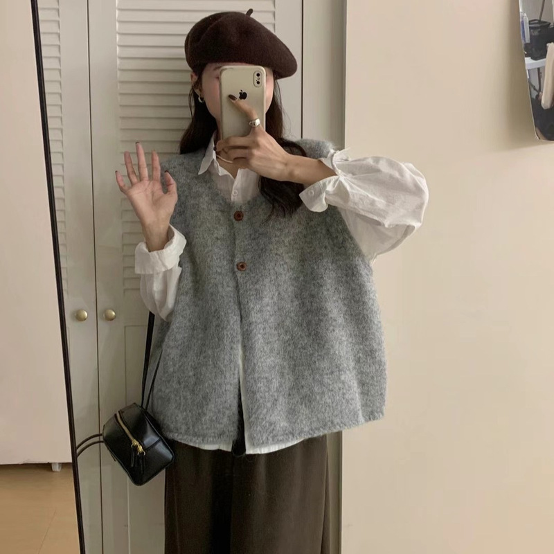 针织马甲开衫女秋冬季新款背心韩系简约复古软糯宽松叠穿毛衣坎肩|undefined